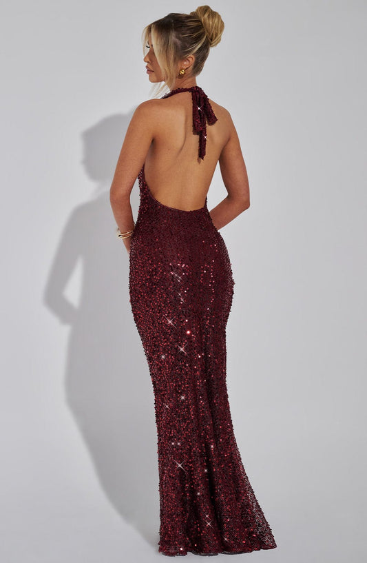 Seraphina Maxi Dress Sequin Halter Neck Wine – back view