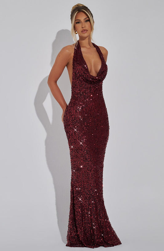 Seraphina Maxi Dress Sequin Halter Neck Wine – back view