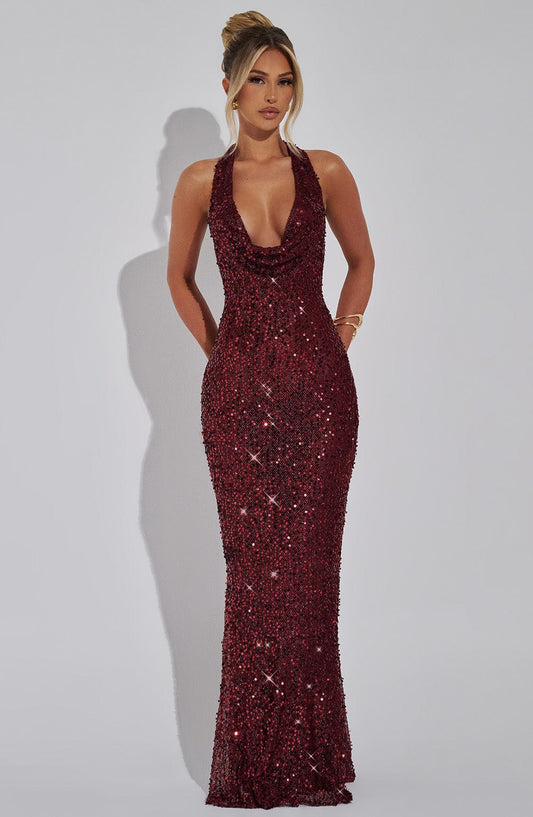Seraphina Maxi Dress Sequin Halter Neck Wine – side view
