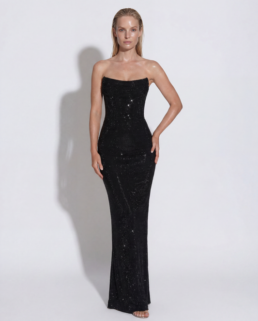 Burgundy Sequin Maxi Dress for Women – Strapless Corset Back Wedding Guest Evening Gown - AMELIÈR VORÈ
