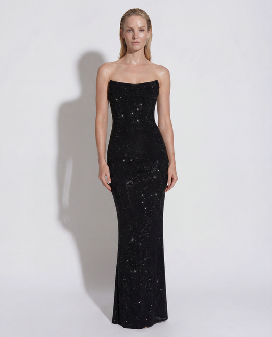 Burgundy Sequin Maxi Dress for Women – Strapless Corset Back Wedding Guest Evening Gown - AMELIÈR VORÈ