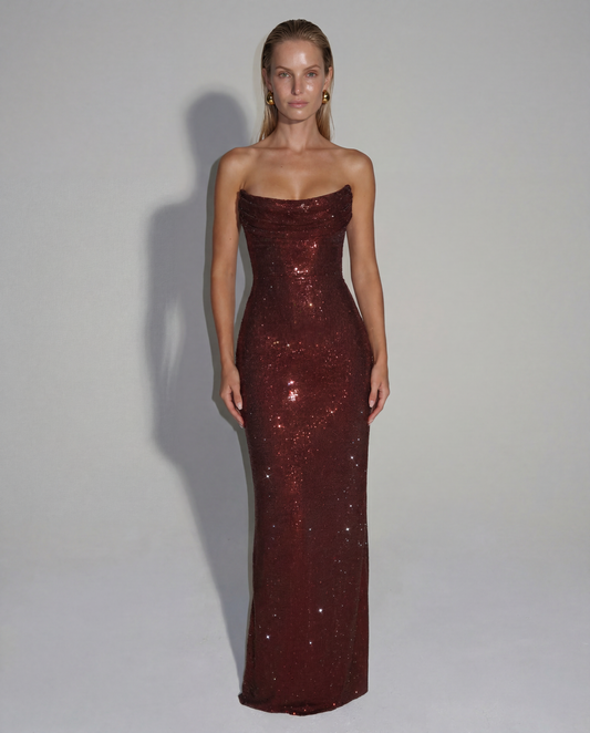 Burgundy Sequin Maxi Dress for Women – Strapless Corset Back Wedding Guest Evening Gown - AMELIÈR VORÈ