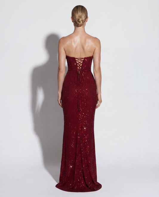 Burgundy Sequin Maxi Dress for Women – Strapless Corset Back Wedding Guest Evening Gown