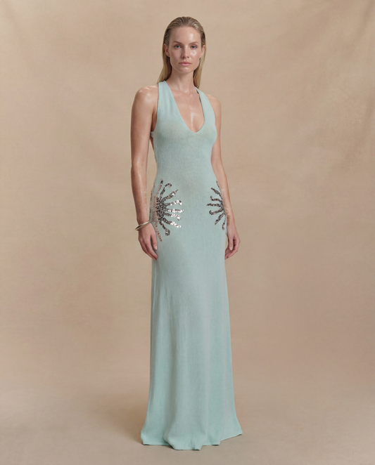 Light Blue Summer Maxi Dress for Women | Backless Halter Wedding Guest Dress - AMELIÈR VORÈ