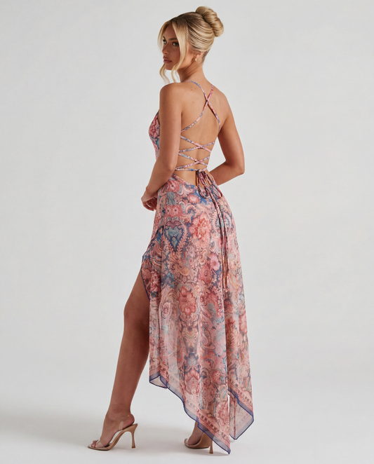 Wedding Guest Maxi Dress – Pink Floral High Low Halter Dress with Lace-Up Back