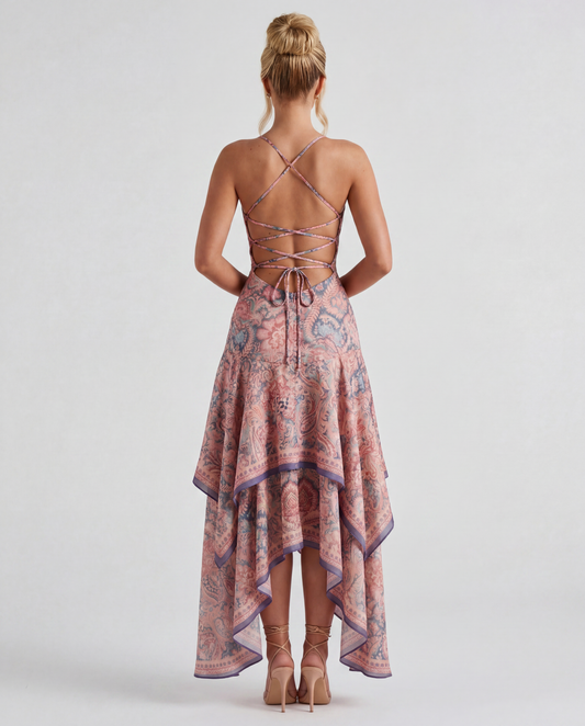 Wedding Guest Maxi Dress – Pink Floral High Low Halter Dress with Lace-Up Back – back view