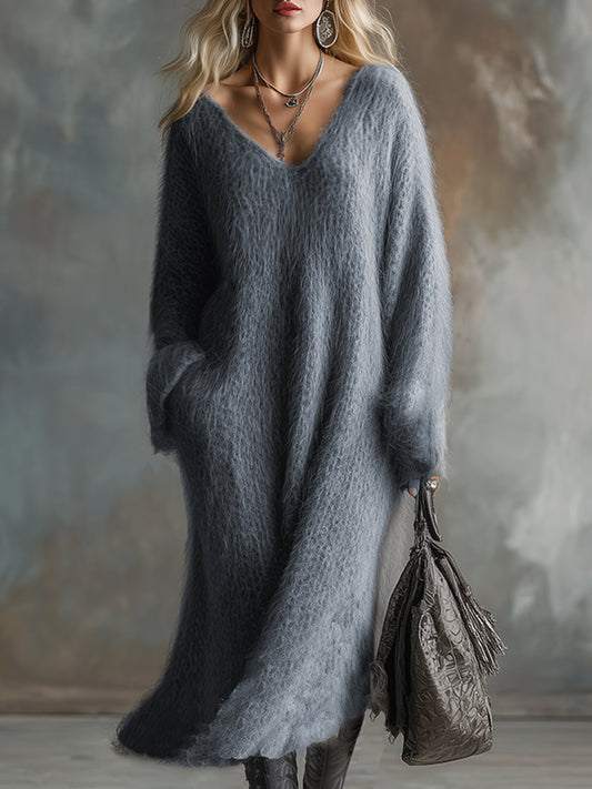 Faux Rabbit Fur V-Neck Knitted Maxi Dress Gray