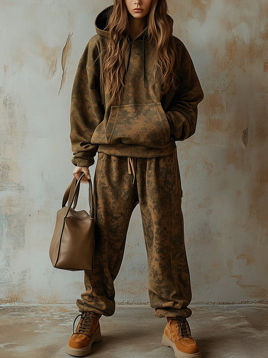 Vintage Camouflage Hooded Sweatshirt and Leggings Two Piece Set