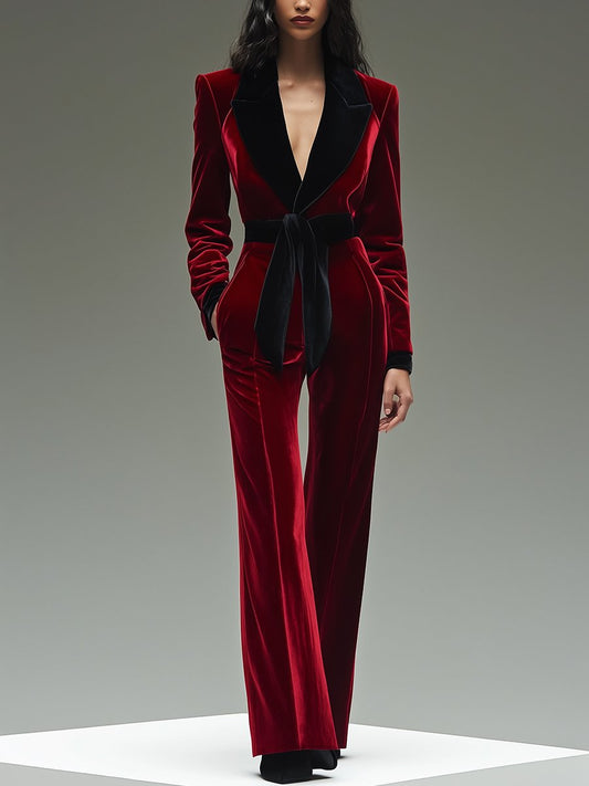 Vintage Style Velvet Colorblock Lapel Jumpsuit with Belt