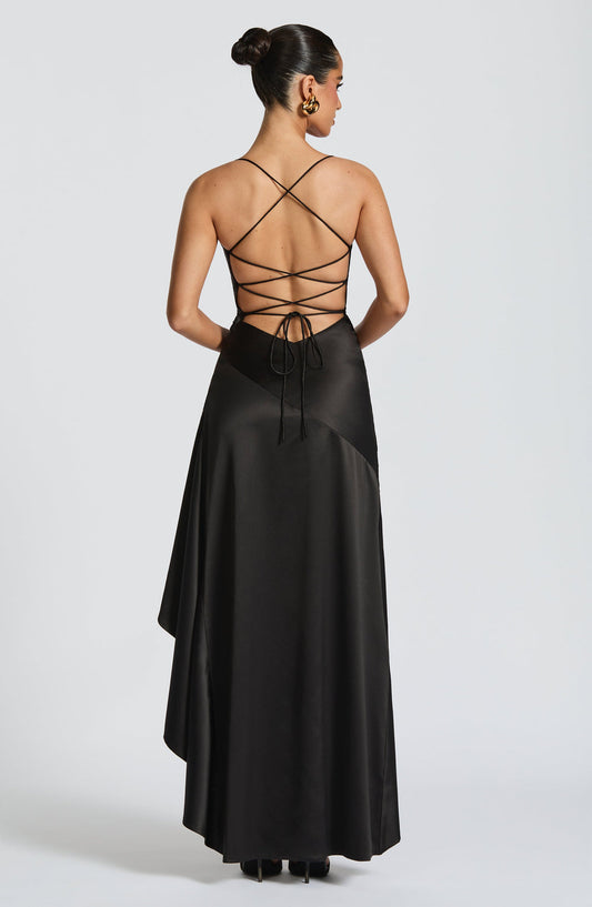 Red Wedding Guest Maxi Dress for Women – Summer Satin Look High Low Occasion Dress with Lace Up Back - AMELIÈR VORÈ