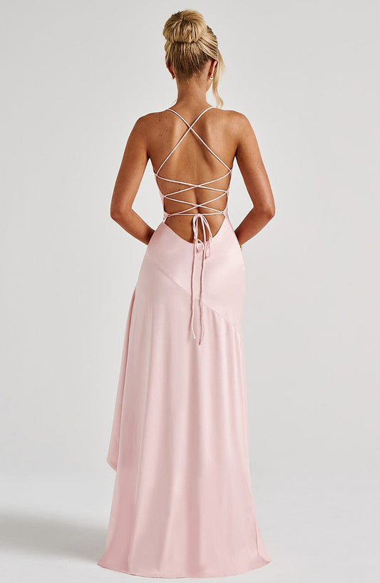 Red Wedding Guest Maxi Dress for Women – Summer Satin Look High Low Occasion Dress with Lace Up Back - AMELIÈR VORÈ