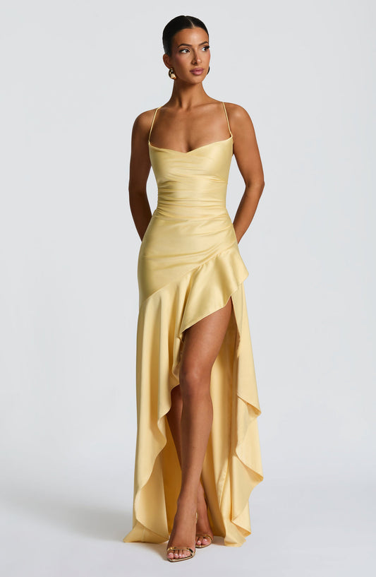Red Wedding Guest Maxi Dress for Women – Summer Satin Look High Low Occasion Dress with Lace Up Back - AMELIÈR VORÈ