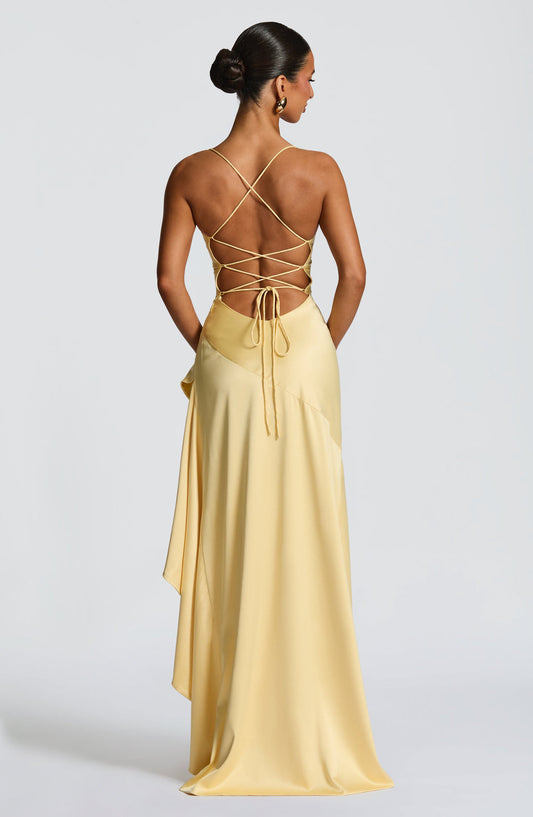 Red Wedding Guest Maxi Dress for Women – Summer Satin Look High Low Occasion Dress with Lace Up Back - AMELIÈR VORÈ