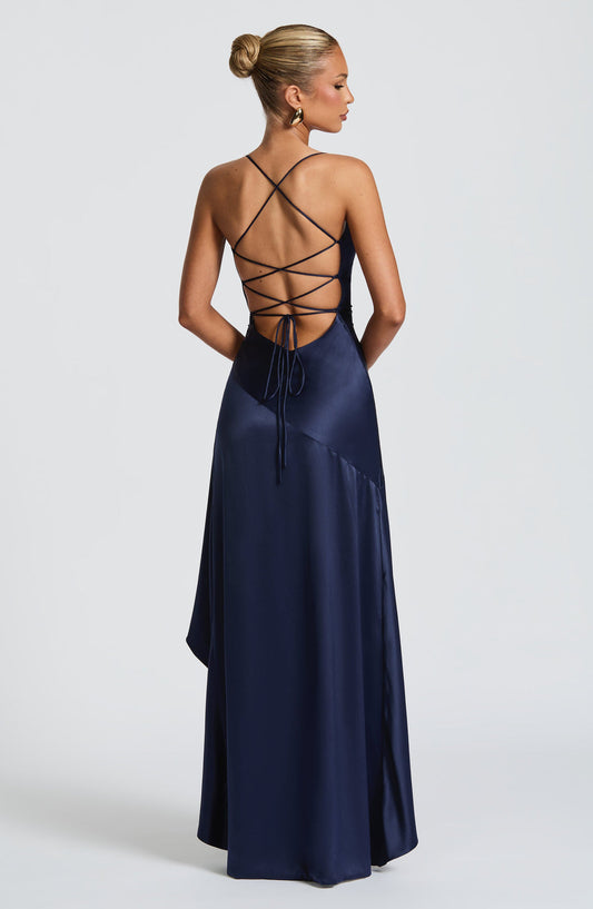 Red Wedding Guest Maxi Dress for Women – Summer Satin Look High Low Occasion Dress with Lace Up Back - AMELIÈR VORÈ