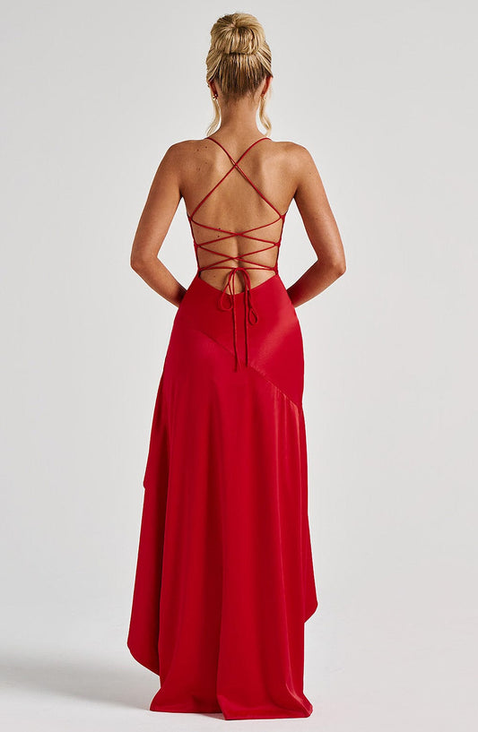 Red Wedding Guest Maxi Dress for Women – Summer Satin Look High Low Occasion Dress with Lace Up Back - AMELIÈR VORÈ