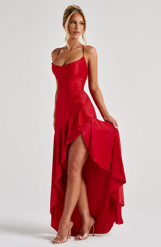 Red Wedding Guest Maxi Dress for Women – Summer Satin Look High Low Occasion Dress with Lace Up Back - AMELIÈR VORÈ