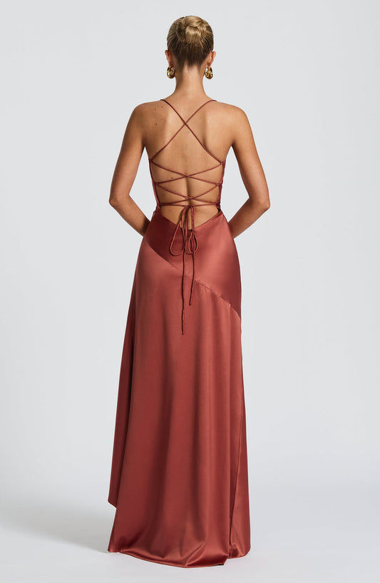 Red Wedding Guest Maxi Dress for Women – Summer Satin Look High Low Occasion Dress with Lace Up Back - AMELIÈR VORÈ