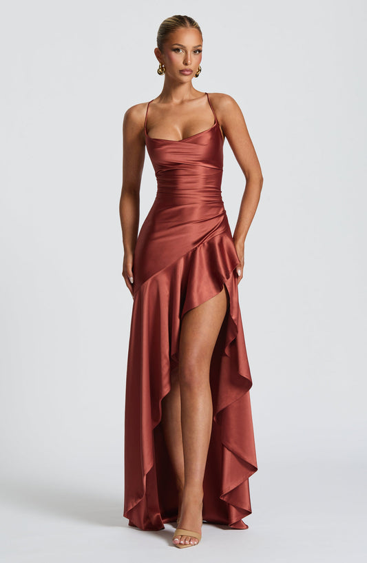 Red Wedding Guest Maxi Dress for Women – Summer Satin Look High Low Occasion Dress with Lace Up Back - AMELIÈR VORÈ