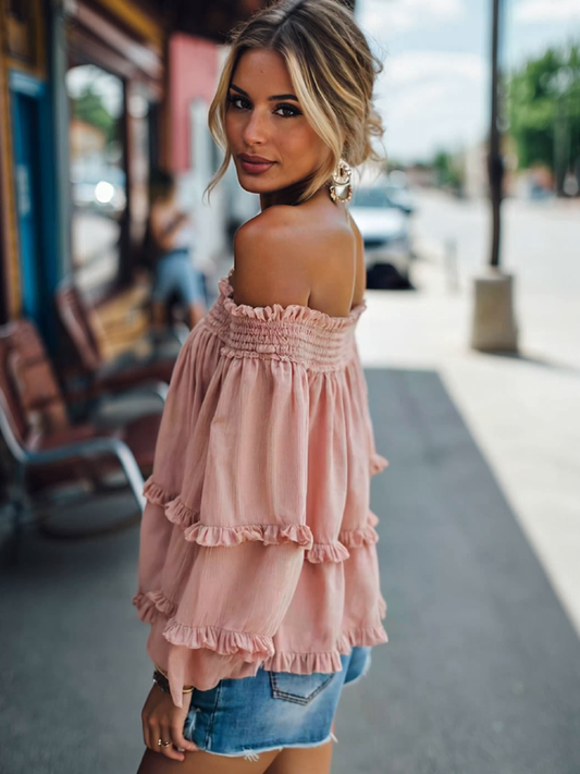 Pink Vintage Off Shoulder Long Sleeve Loose Cotton Linen Shirt