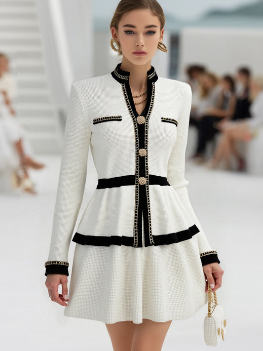 Elegant Urban Long Sleeve Knit Top and Pleated Skirt Set