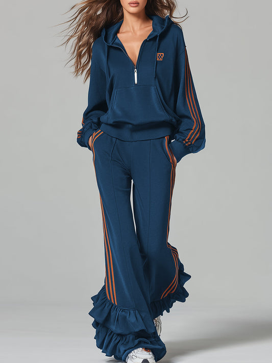 Casual Dark Blue Ruffle Trim Hooded Sweatshirt And Trousers Set
