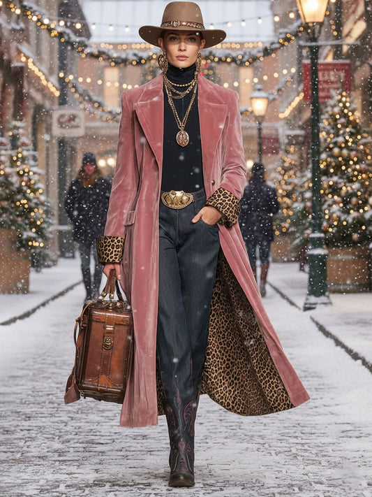 Luxurious Velvet Single-Breasted Coat with Leopard Print Accents